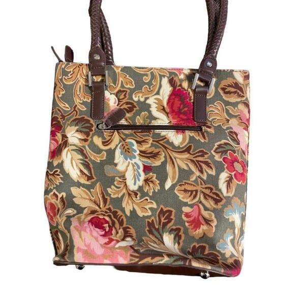 Longaberger Majolica Small Green Floral Tapestry shoulder handbag Brown handles - Picture 4 of 6